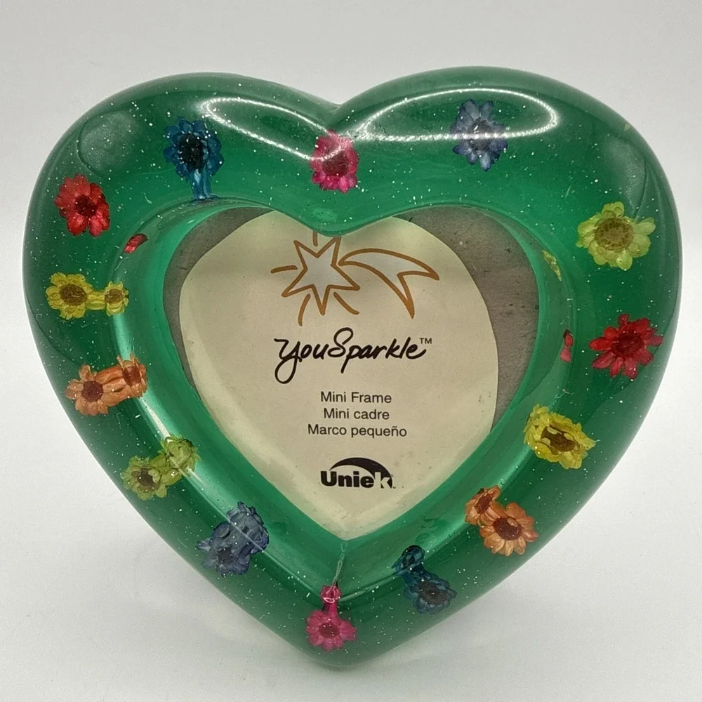 Vtg Uniek Y2K Green Sparkle Heart Frame Floral Accents Glitter Mini Frame